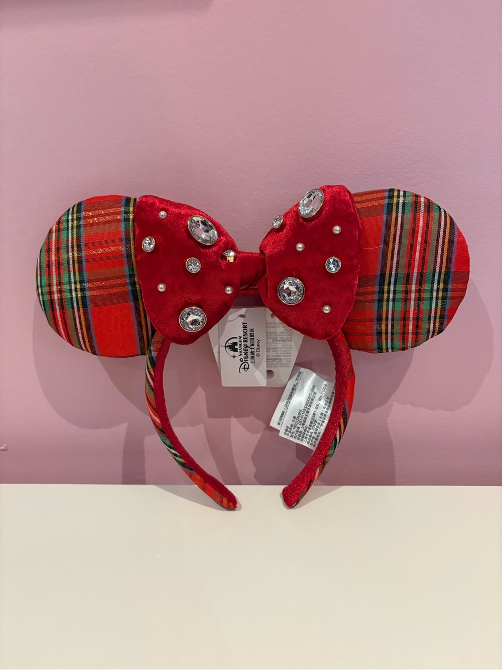 Disney Red Plaid Minnie Ear Headband with Gem Bow